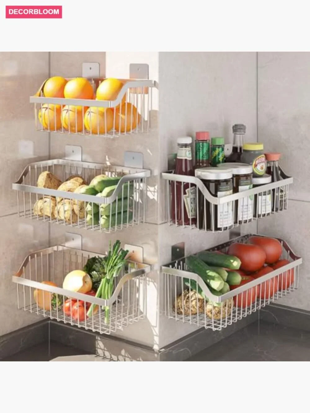 2-set stainless steel hanging fruit basket wall organizer for kitchen pantry